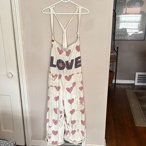 Magnolia Pearl Cream Overalls with Pink Hearts and Black LOVE Print